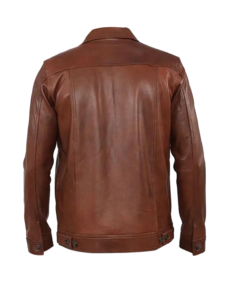 Mens Brown Shiny Stylish Collar Style Leather Jacket - Image 2