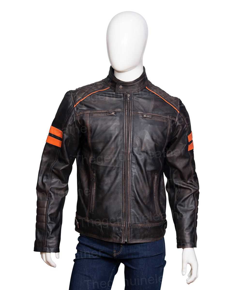 Men Distressed Retro Orange Striped Jacket
