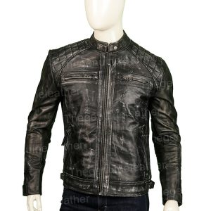 Alternative view of Men Distressed Shoulder Design Leather Jacket