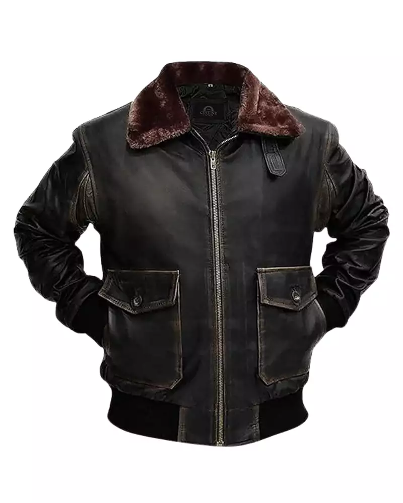 Mens G-1 Flight Distressed Black Aviator Jacket - Image 3
