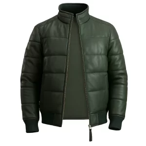 Alternative view of Men’s Green Bomber Puffer Leather Jacket
