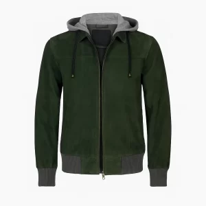 Alternative view of Men Green Hooded Suede Bomber Jacket