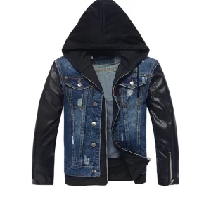 Men Hooded Leather Denim Jacket