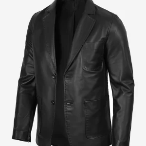 Alternative view of Men Two Button Black Leather Blazer Notch Lapel
