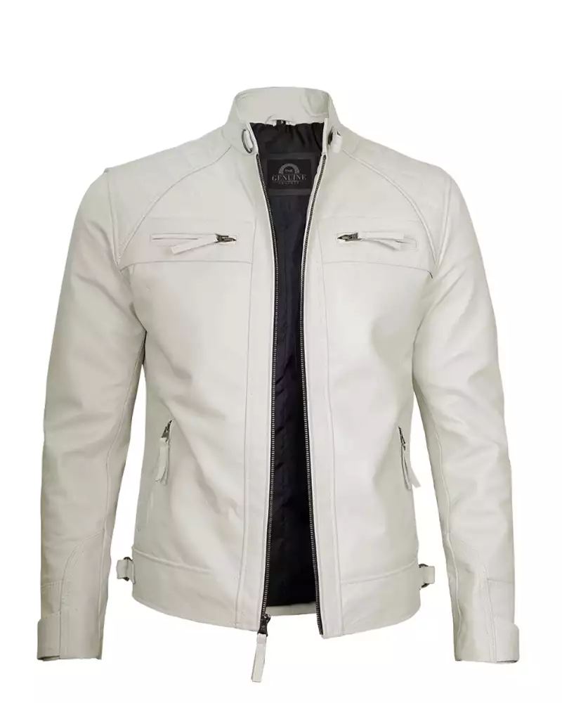 Mens Classic Cafe Racer Biker Quilted Leather Jacket - Image 2