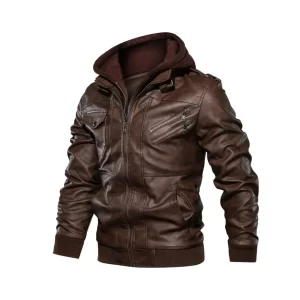 Alternative view of Mens Brown Bomber Hooded Leather Jacket