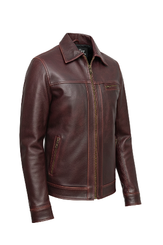 Mens Lambskin Maroon Distressed Leather Jacket - Image 3