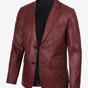 Alternative view of Men's Notch Lapel Maroon Leather Blazer