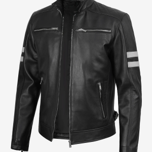 Alternative view of Mens Black Biker Style Leather Jacket With White Stripes