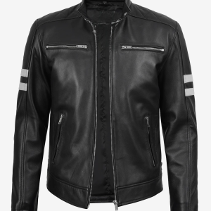 Mens Black Biker Style Leather Jacket With White Stripes