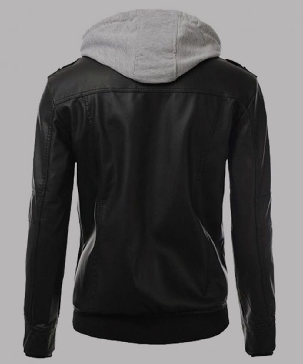Mens Black Leather Hooded Jacket - Image 2