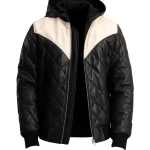 Men’s Hooded Bomber Black Puffer Leather Jacket