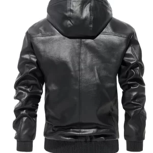 Alternative view of Men Black Bomber Style Hooded Leather Jacket