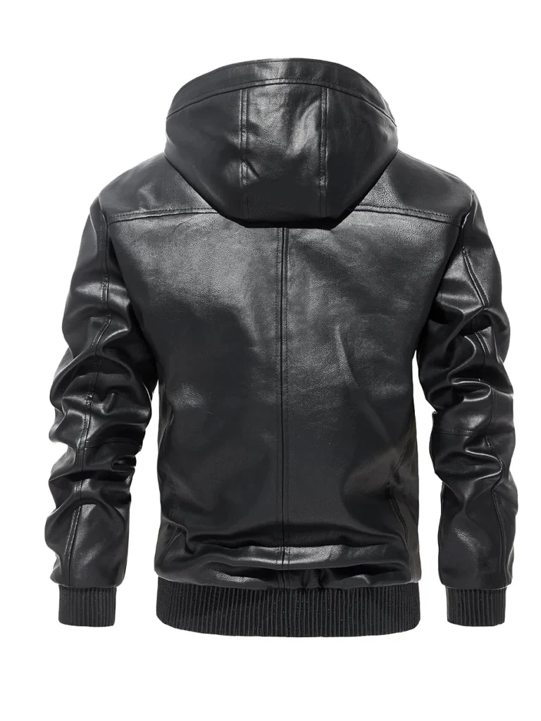 Men Black Bomber Style Hooded Leather Jacket - Image 2