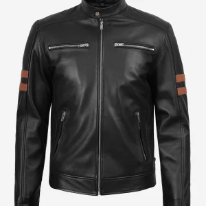 Men’s Black Cafe Racer Leather Jacket With Stripes