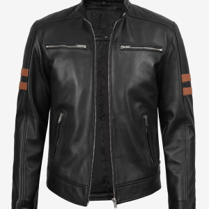Alternative view of Men’s Black Cafe Racer Leather Jacket With Stripes