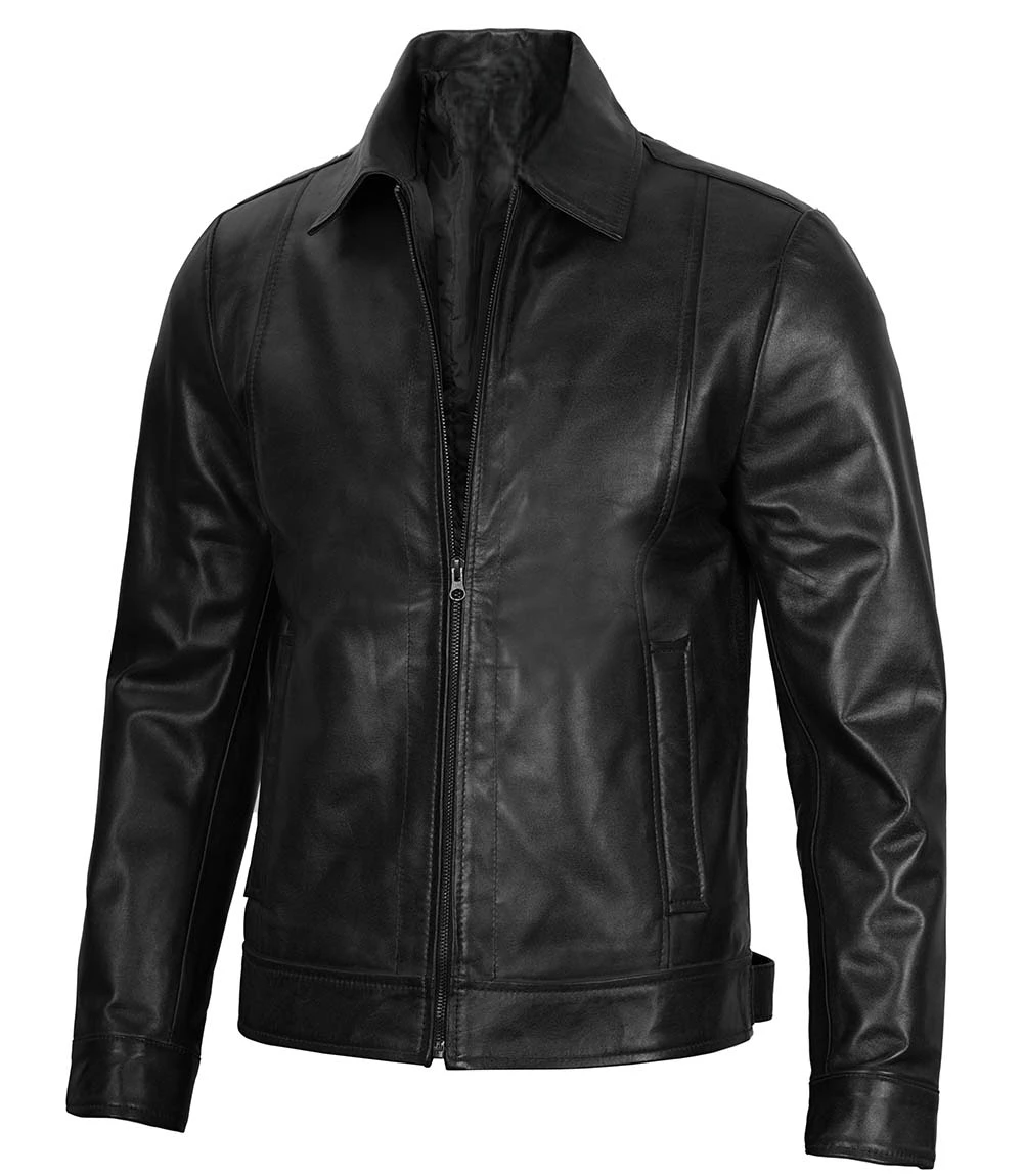Men's Black Harrington Classic Leather Jacket - Image 4