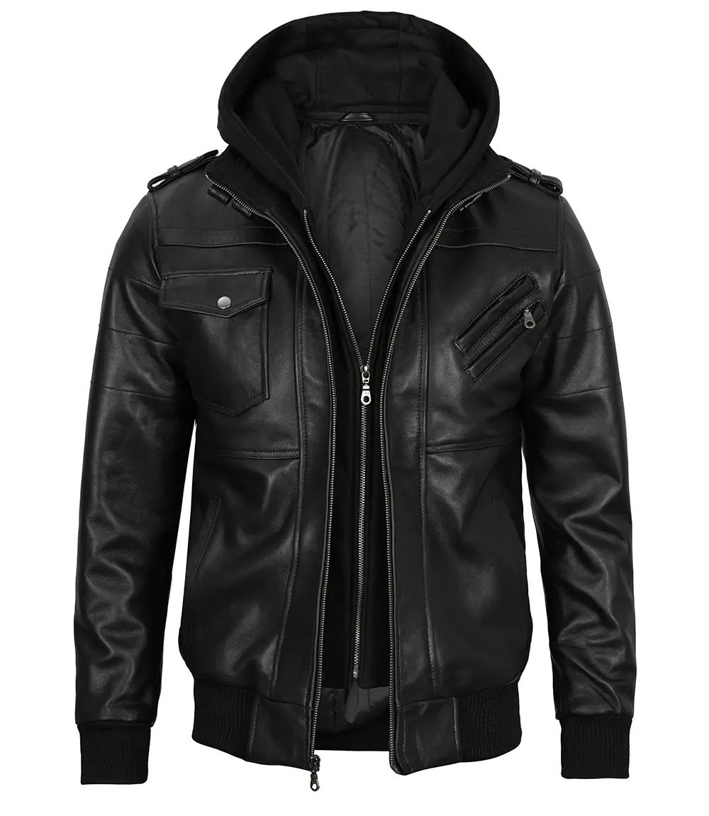Mens Black Hooded Stylish Bomber Leather Jacket