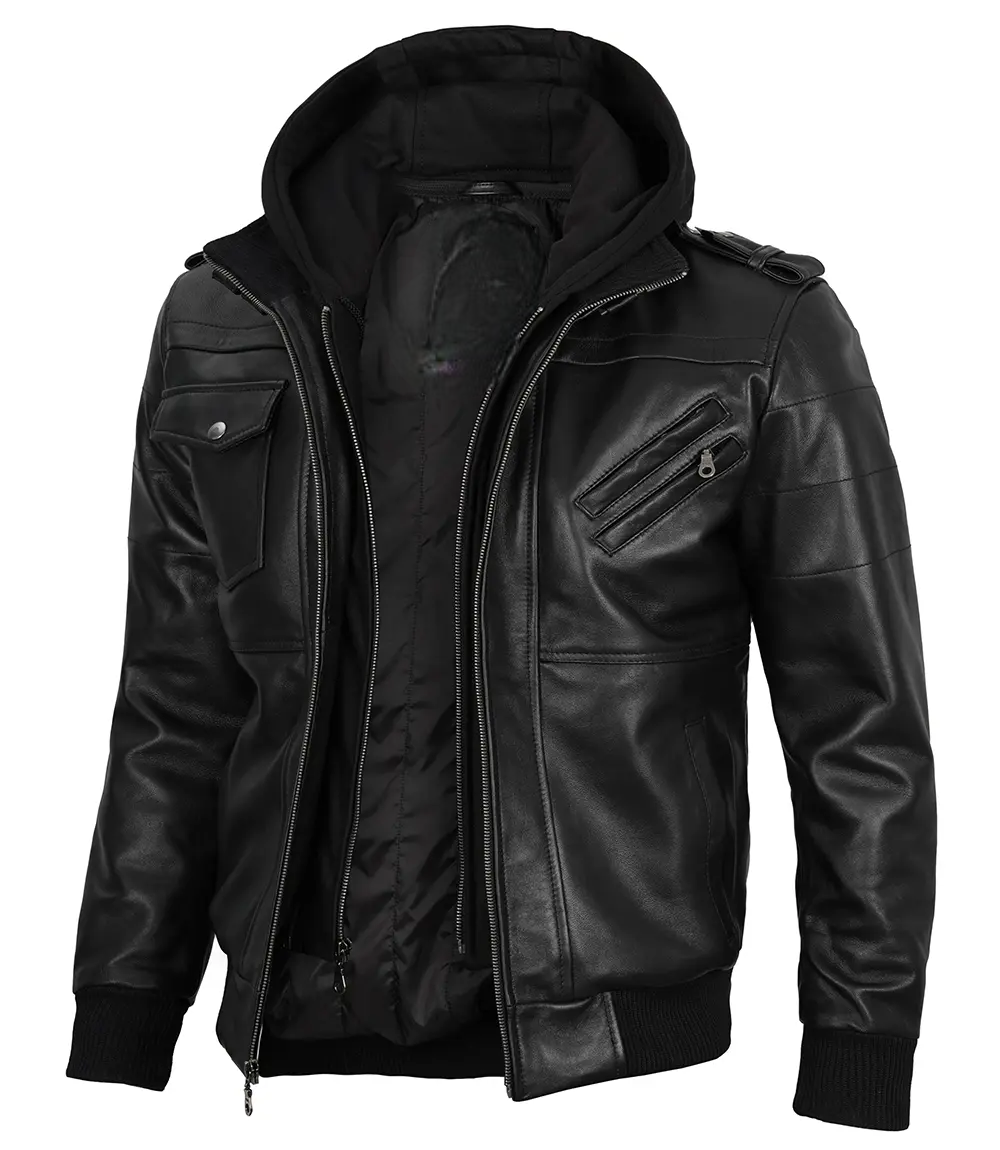 Mens Black Hooded Stylish Bomber Leather Jacket - Image 4