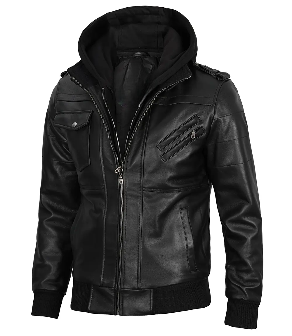 Mens Black Hooded Stylish Bomber Leather Jacket - Image 2
