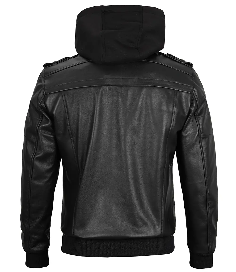 Mens Black Hooded Stylish Bomber Leather Jacket - Image 5