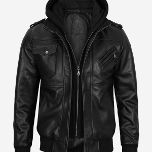 Alternative view of Mens Black Leather Bomber Jacket with Removable Hood