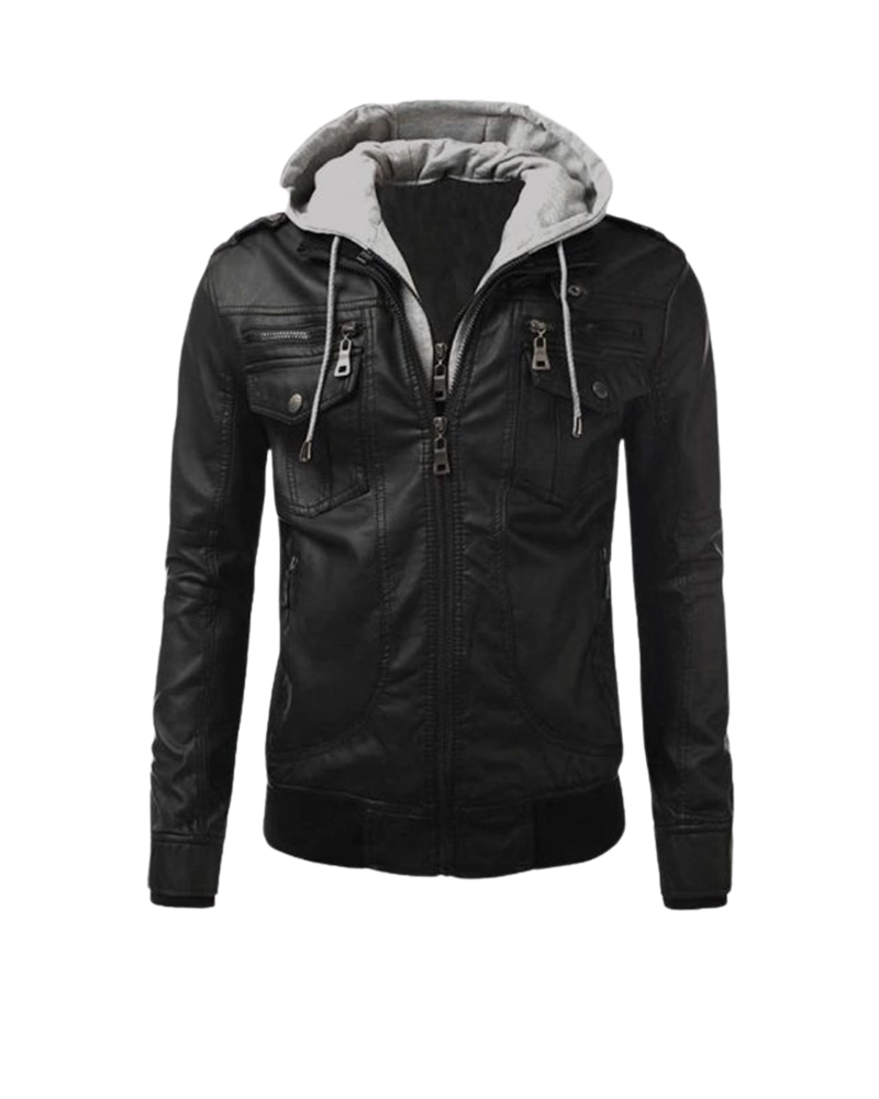 Mens Black Leather Hooded Jacket