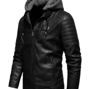 Alternative view of Men's Black Padded Shoulders Hooded Leather Jacket