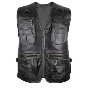 Men's Black V-Neck Hunting Leather Vest