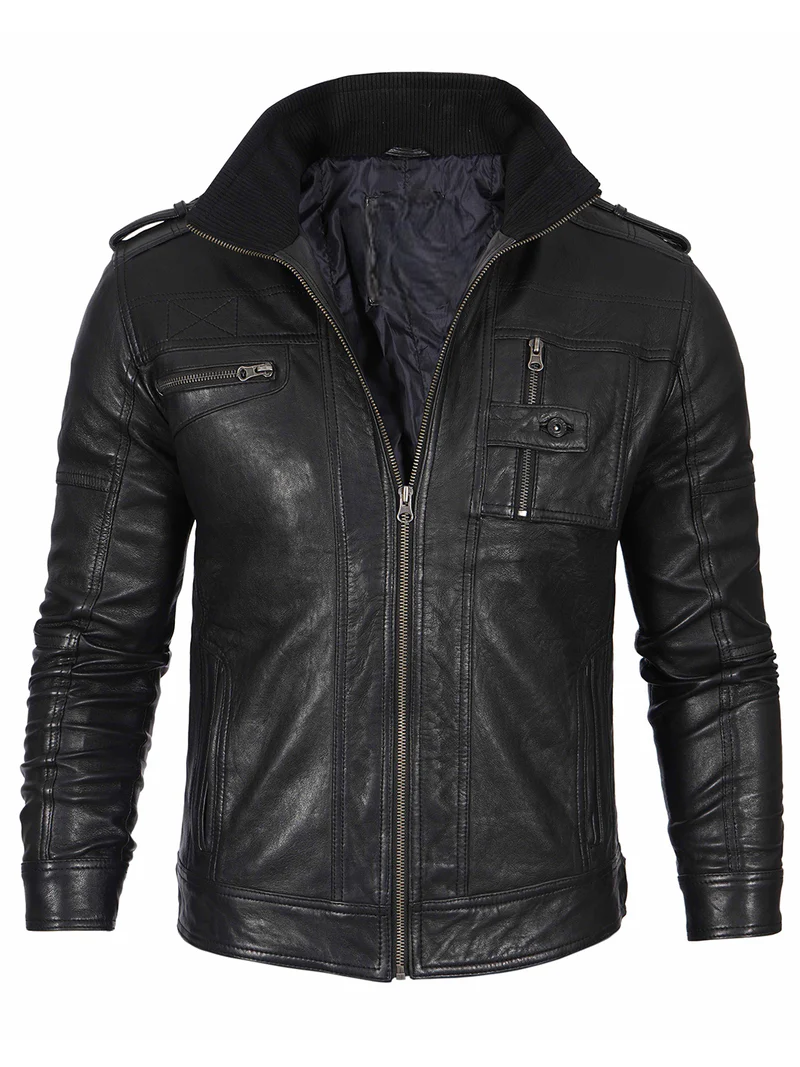 Mens Black Waxed Cafe Racer Style Leather Jacket