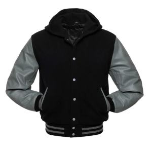 Mens Hooded Leather Sleeves Varsity Jacket