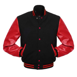 Mens Black Wool & Red Leather Varsity Jacket