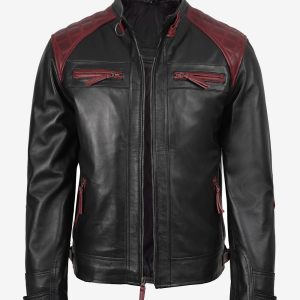 Men's Black and Maroon Biker Style Leather Jacket