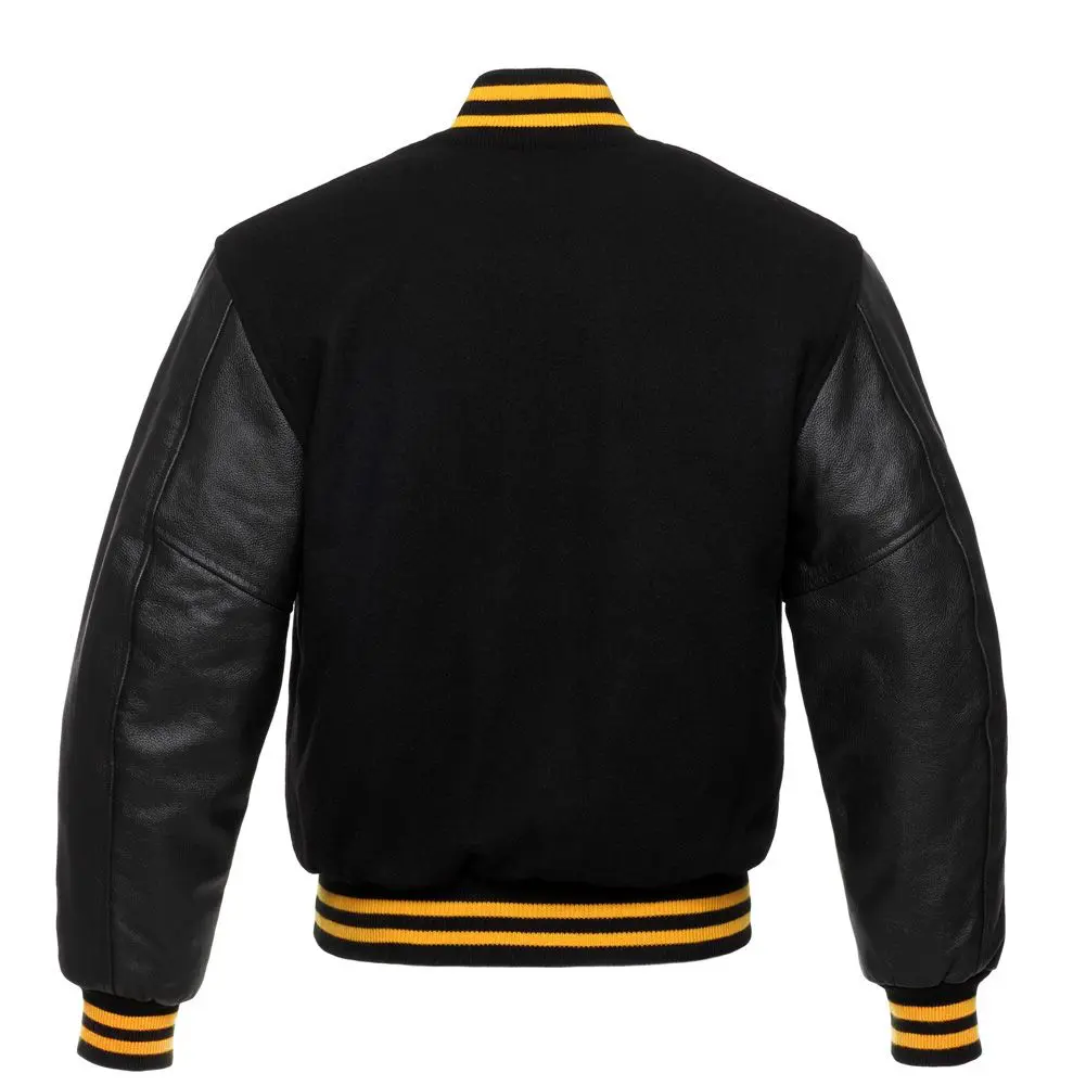 Unisex Black Wool Leather Sleeves Varsity Jacket - Image 2