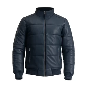 Men’s Blue Bomber Puffer Leather Jacket