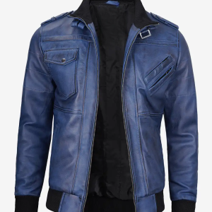 Alternative view of Men's Blue Wax Leather Bomber Jacket