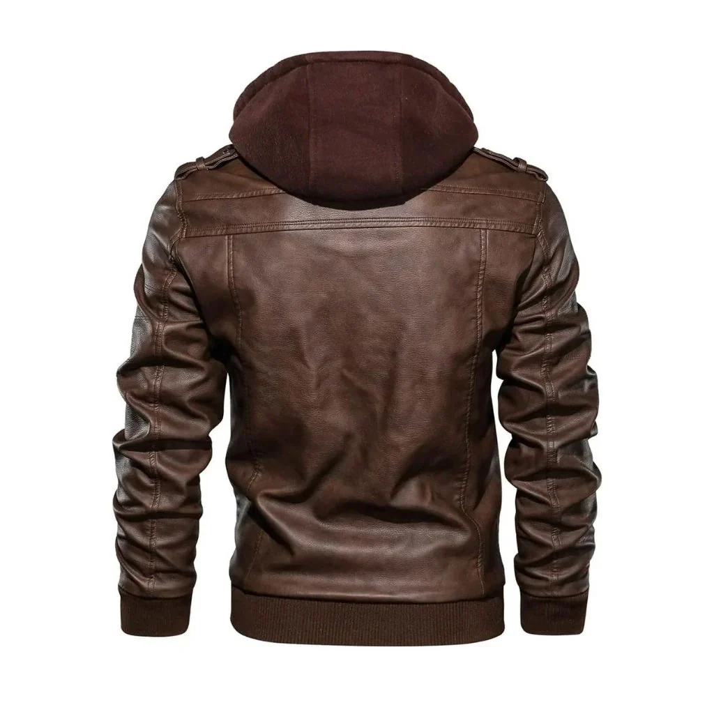 Mens Brown Bomber Hooded Leather Jacket - Image 3