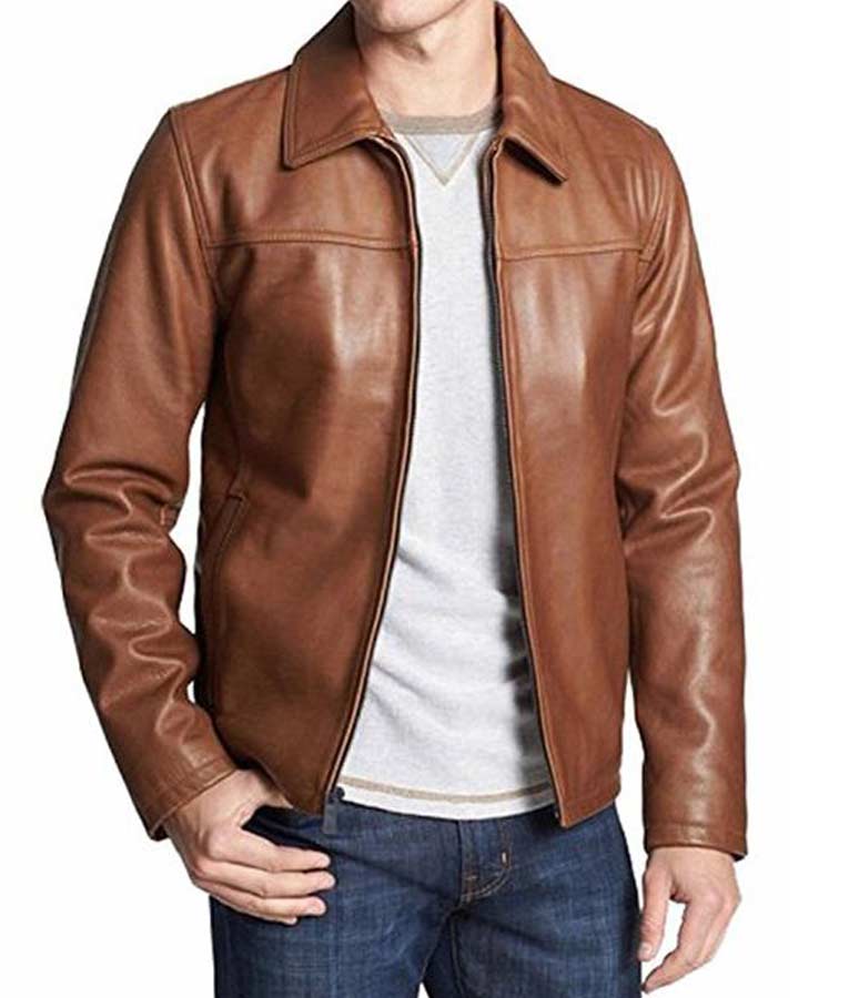 Mens Casual Brown Leather Jacket - Image 2