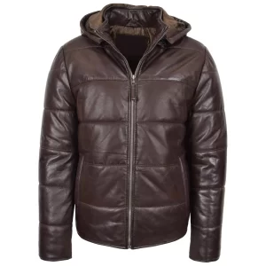 Men’s Brown Detachable Hood Leather Puffer Jacket