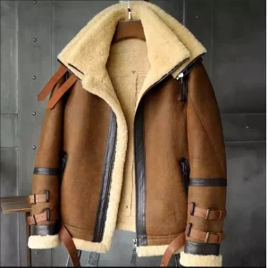 Men's Brown Double Fur Collar RAF Flight Bomber Aviator Sheepskin Jacket