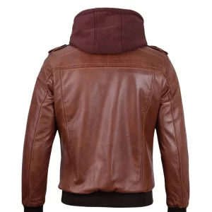 Alternative view of Mens Brown Hooded Stylish Bomber Leather Jacket