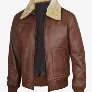 Alternative view of Men’s Fur Collar Brown Leather Bomber Jacket