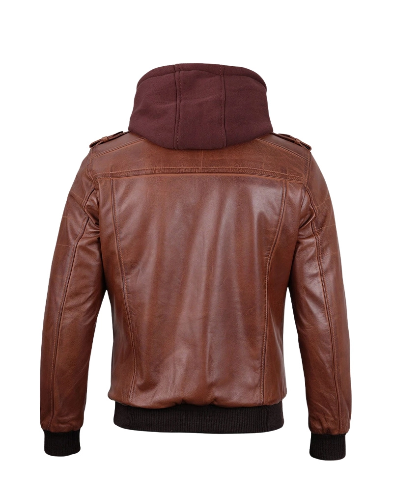 Mens Brown Hooded Stylish Bomber Leather Jacket - Image 2