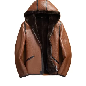 Mens Brown Leather Hooded Jacket