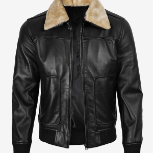 Alternative view of Men's Fur Collar Black Bomber Leather Jacket
