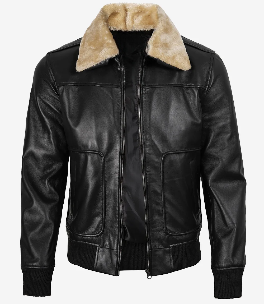Men's Fur Collar Black Bomber Leather Jacket - Image 2