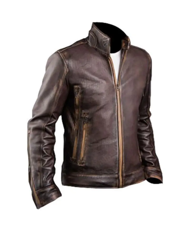 Mens Cowhide Cafe Racer Biker Leather Jacket