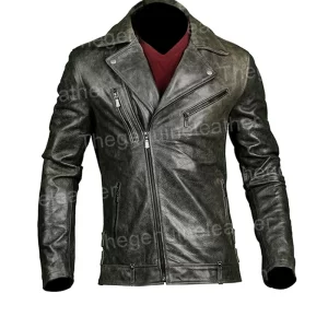 Mens Distressed Black Leather Biker Jacket