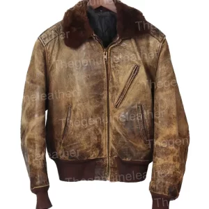 Mens Distressed Brown Leather Bomber Jacket