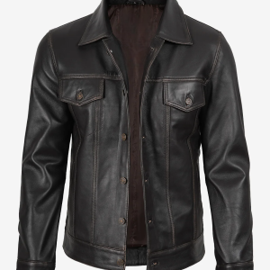 Men's Distressed Brown Leather Trucker Jacket